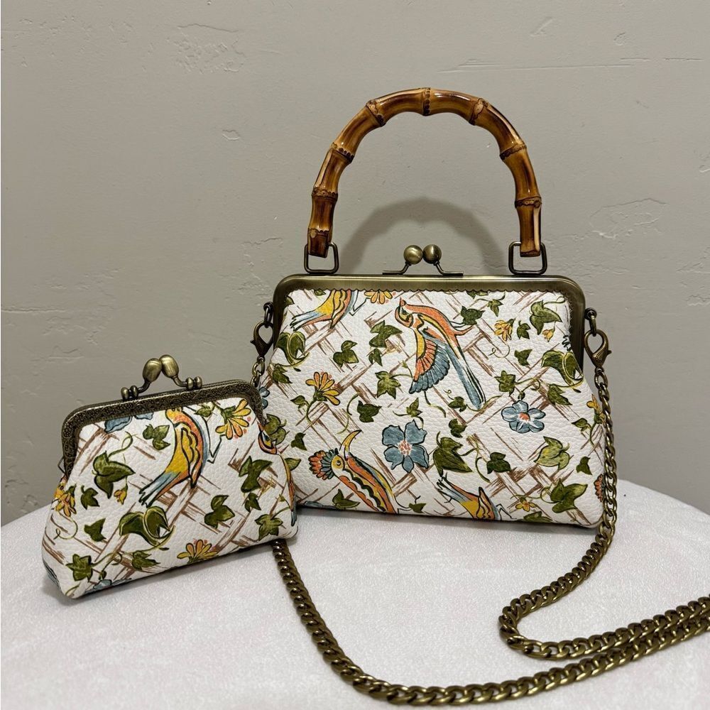 Floral Print Premium Cowhide Handmade Real Bamboo Handle Kisslock Handbag Set